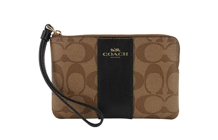COACH Corner Zip Leather Pochette Clutch Coin Wrist Bag Wallet Small Women's Black & Brown