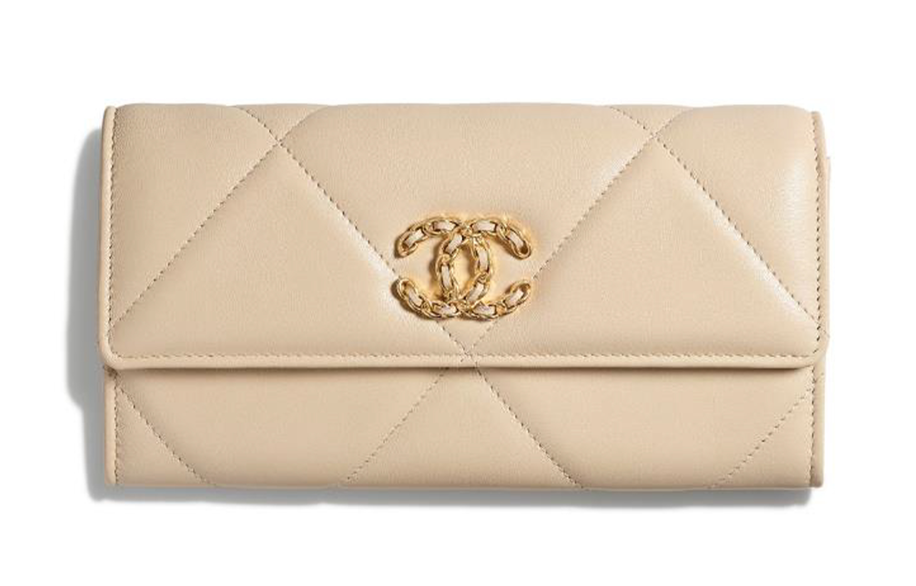 CHANEL 19Bag Sheepskin Long Wallet Women's Beige