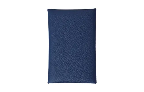 HERMES Calvi Silver Tone Buckle EPS Calfskin Card Holder Women's Malta Blue