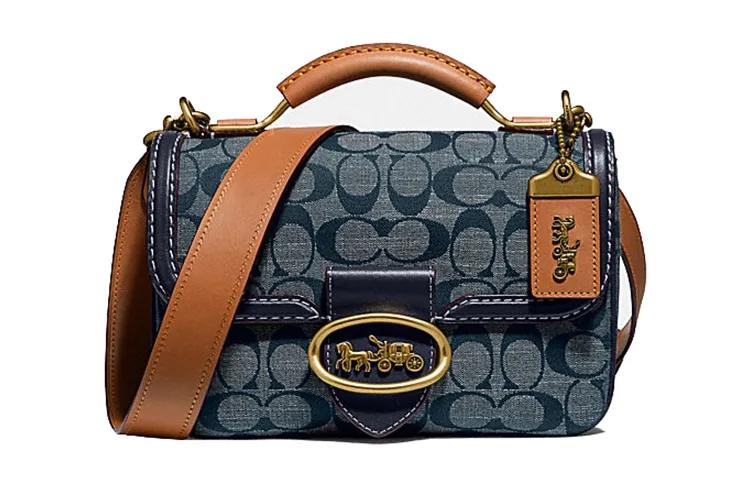 COACH Riley Canvas With Leather Handbags Small Women's Denim Blue Monogram