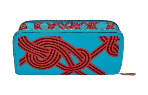 HERMES Silk'In Palladium Plated Cow Leather Wallet Women's Frida Blue/Hermes Red