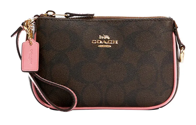 COACH Nolita Canvas With Leather Pochette, Shoulder Bag, Clutch Small Women's Dark Brown & Pink Multicolor