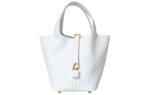 HERMES Picotin Lock Clemence Bullock Leather Basket Bag, Bucket Bag, Handbag 18 Women's 01 Blanc Pure White