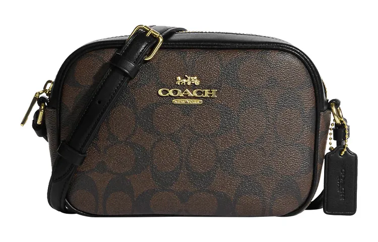 COACH Camera Artificial Leather With Leather Crossbody Bags Small Women's Dark Brown & Black