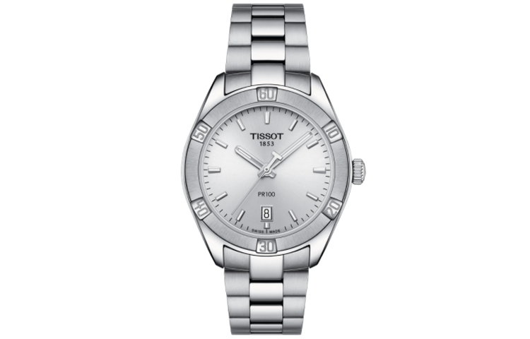 TISSOT PR100 Collection Quartz Movement Calendar Women's Watch Silver Dial Stainless Steel Watchband