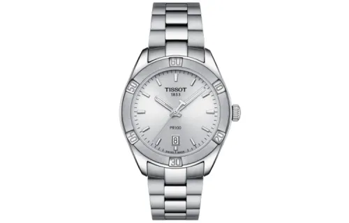 TISSOT PR100 Collection Quartz Movement Calendar Women's Watch Silver Dial Stainless Steel Watchband