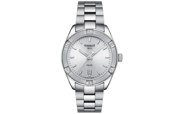 TISSOT PR100 Collection Quartz Movement Calendar Women's Watch Silver Dial Stainless Steel Watchband