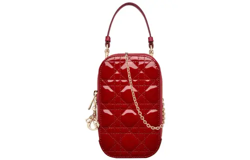 DIOR Lady Dior Patent Leather, Cow Leather Portable One Shoulder Crossbody Cell Phone Pouch Regular Women's Cherry Red