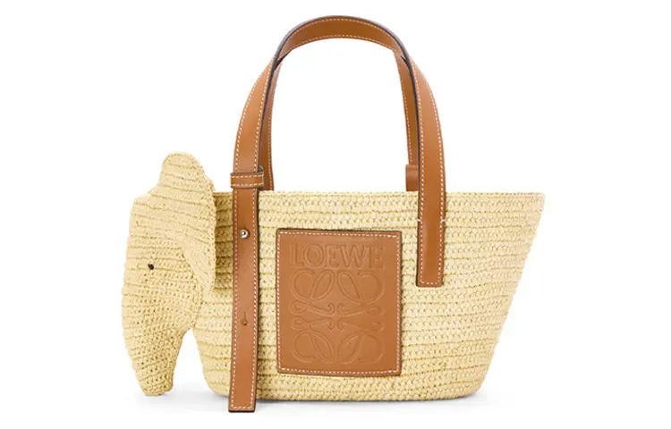 LOEWE Elephant Basket Bag In Raffia And Calfskin Natural/Tan