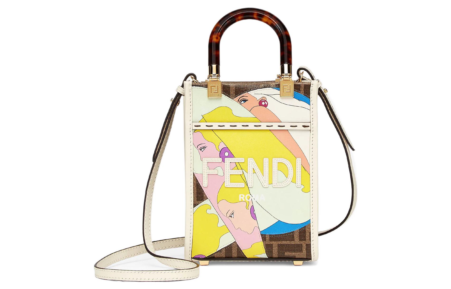 FENDI Fendi Sunshine Embossed Logo Hairdressing Girl Illustration Graphics Color Blocking Leather Tote Bag Tote Bag Shopping Bag Hand-held Crossbody Bag Mini Women's White/Brown