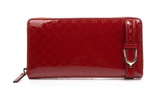 GUCCI Patent Leather Long Zip Closure Wallet Women's Red