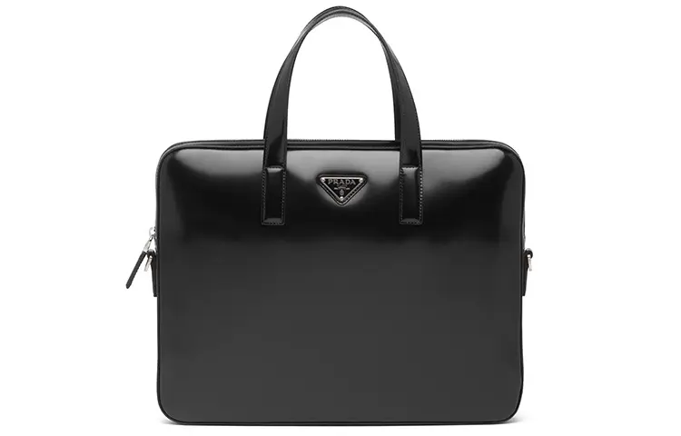 PRADA Saffiano Shiny Leather Briefcase, Handbag Men's Black