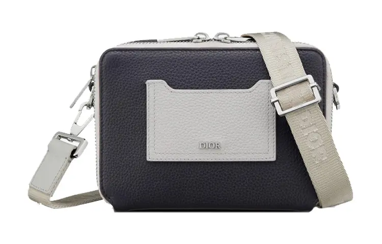 DIOR Grained Calfskin Shoulder Bag, Crossbody Bag Men's Marine Blue & Gray