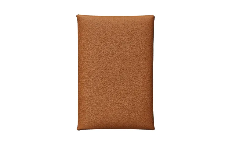 HERMES Calvi Silver Tone Buckle Evercolor Calfskin Business Card Holder Women's Gold Brown