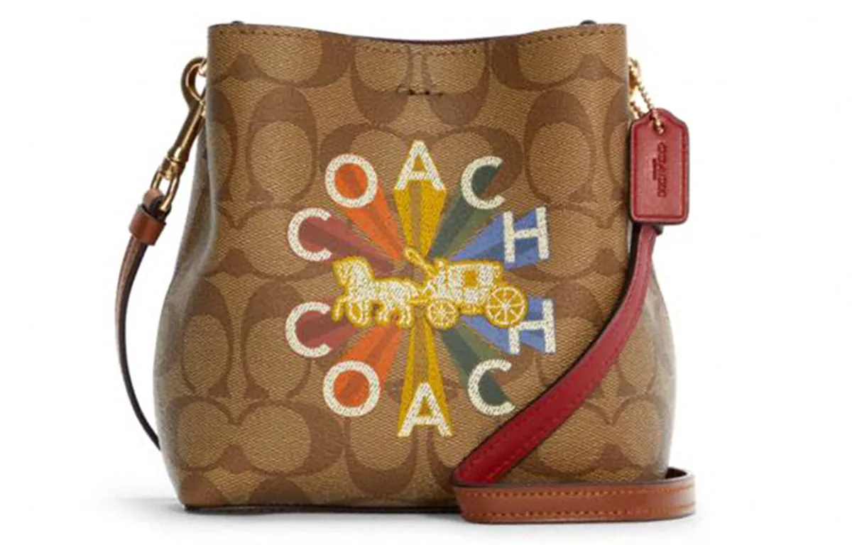 COACH Town Ebony Leather Bucket Bag, Crossbody Bag Small Women's Khaki Multicolor