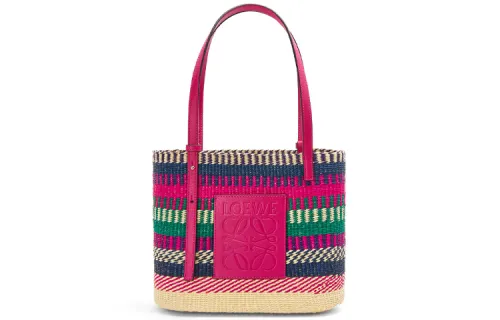 LOEWE Square Basket Palm With Cow Leather Handbag, Shoulder Bag Small Women's Rose Red