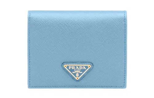 PRADA Saffiano Foldable Leather Card Holder, Wallet Women's Blue