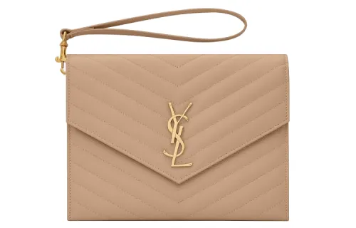 SAINT LAURENT Leather Clutch Regular Women's Dark Beige