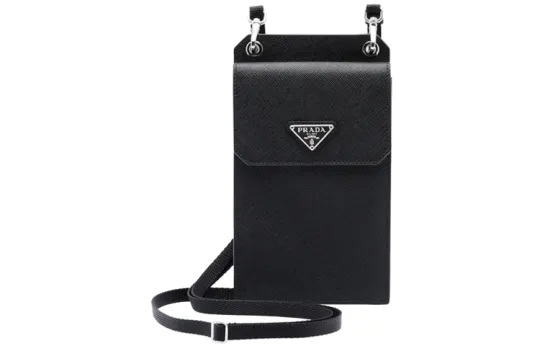 PRADA Saffiano Leather Coin Purse Camera Bag One Shoulder Crossbody Cell Phone Pouch Unisex Black