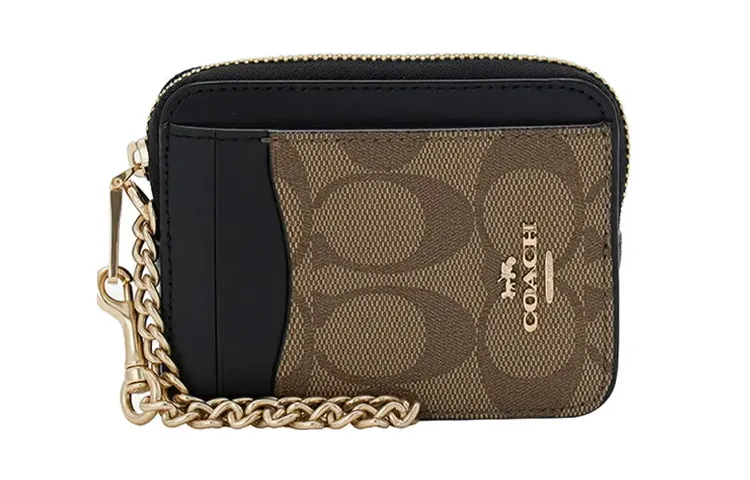 COACH Card Case Canvas With Leather Coin Purses Women's Khaki Black