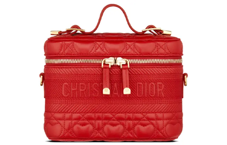 DIOR Wicker Pattern Sheepskin Makeup Bag Small Women's Red