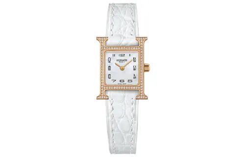 HERMES Heure H Wrist Watches Quartz Movement Crocodile Leather Strap White Dial Women's Watch