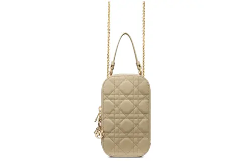 DIOR Lady Dior Sheepskin One Shoulder Crossbody Cell Phone Pouch Women's Beige