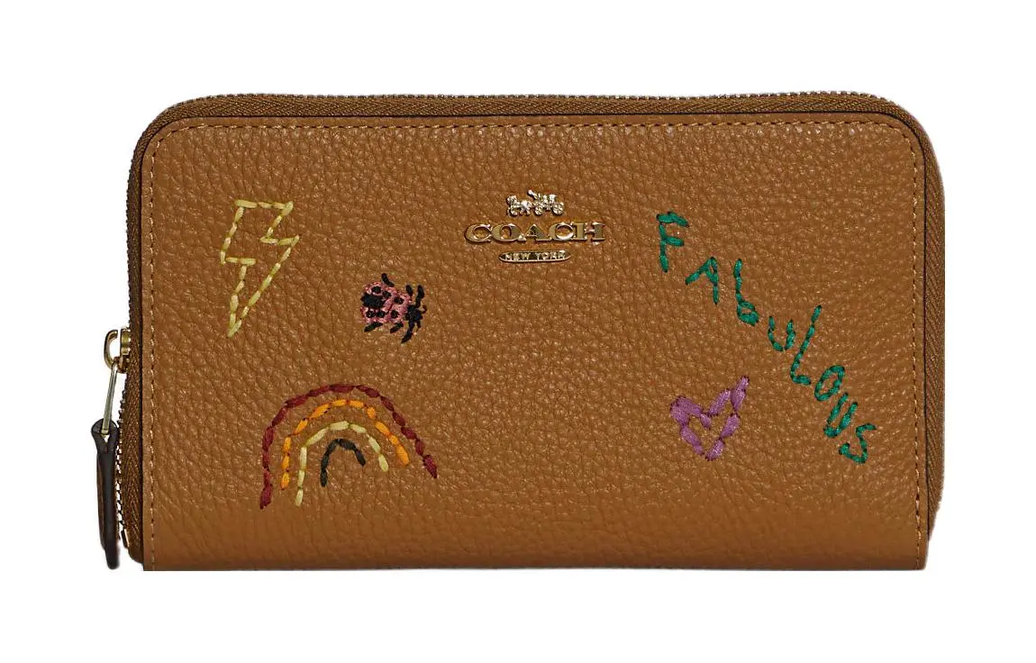 COACH Diary Embroidery Collaboration Id Zip Wallet Leather Clutch Coin Purse Wallet Women's Brown