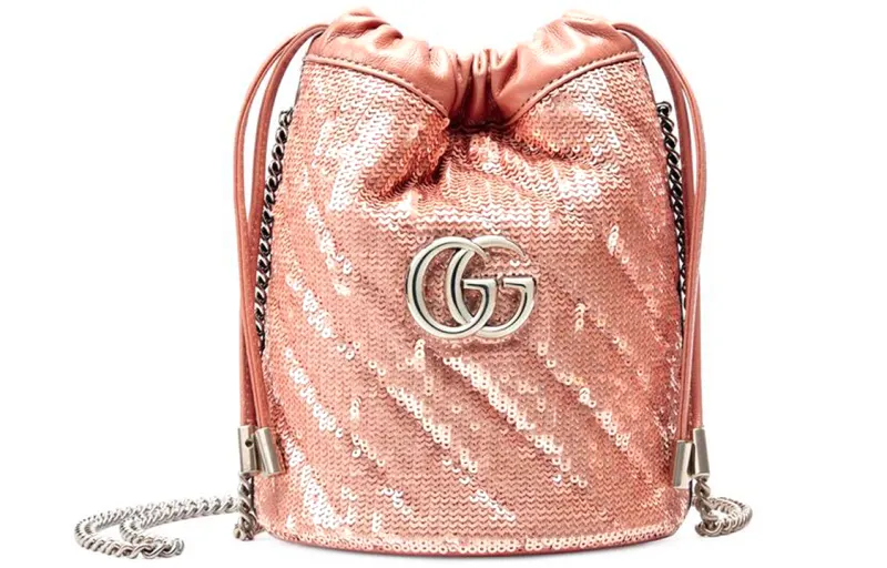 GUCCI Marmont Quilted Sequined Silk With Leather Bucket Bag, Shoulder Bag, Crossbody Bag Mini Women's Light Pink