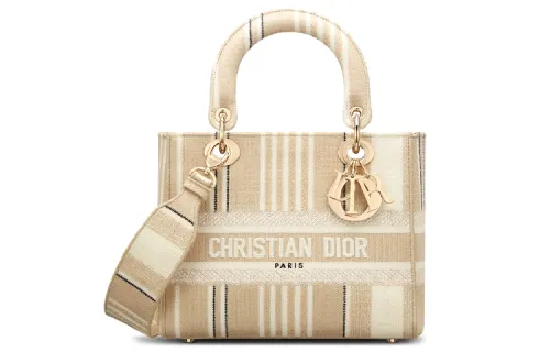 DIOR Lady Dior Handbag Stripes Embroidery One Shoulder Handbag Medium Women's Beige