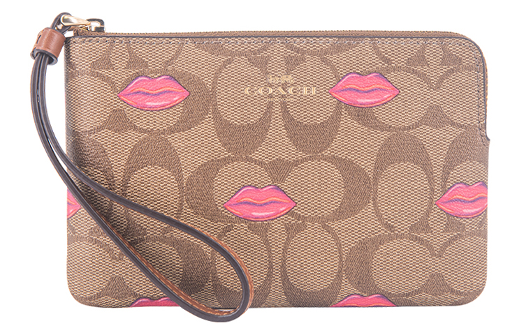 COACH Coach Corner Zip 16 Logo Lip Print PVC Coin Purse Women's Light Brown