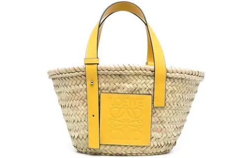 LOEWE Basket Straw Leather Handbag Women's Yellow