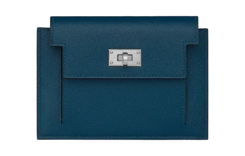 HERMES Kelly Pocket Cow Leather Wallet Women's Dark Blue