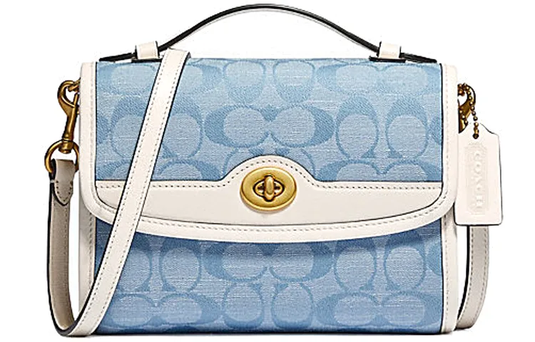 COACH Kip Fabric With Cow Leather Messenger Bag, Handbag, Shoulder Bag, Crossbody Bag Small Women's Blue Monogram