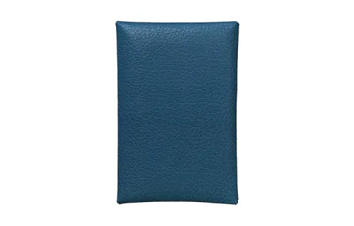 HERMES Calvi Silver Tone Buckle Chamkila Goat Skin Wallet Coin Purse Women's Dark Blue