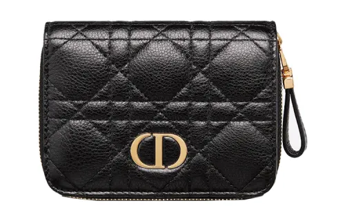 DIOR Caro Soft Calfskin Zippers Wallet Card Holder Women's Black