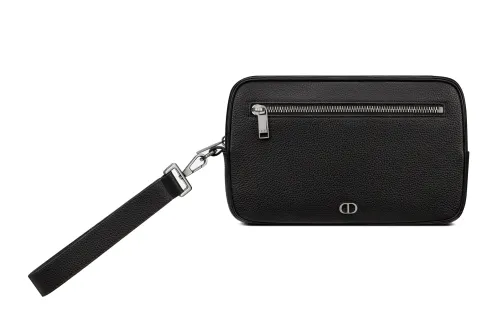 DIOR Zip Closure Grain Calfskin Toiletry Bag Clutch Men's Black