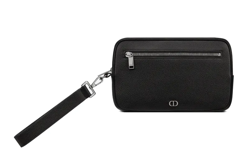 DIOR Zip Closure Grain Calfskin Toiletry Bag Clutch Men's Black
