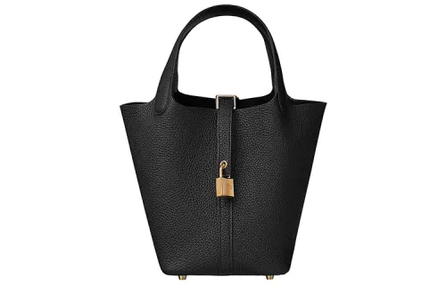 HERMES Picotin Lock Clemence Bullock Leather Basket Bag, Bucket Bag, Handbag 18 Women's 89 Noir Black