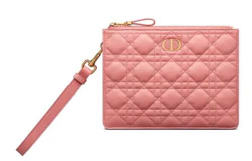 DIOR Caro Wicker Pattern Cow Leather Clutch Small Women's Peach Blossom Pink
