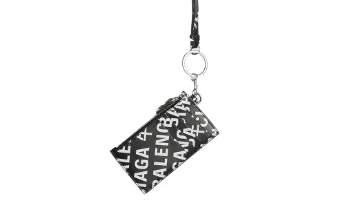 Balenciaga Letter Print Cow Leather Key Pouch Regular Unisex Black