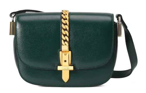GUCCI Sylvie 1969 Gold tone Lock Leather Shoulder Bag Women's Green