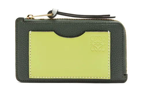 LOEWE Soft Grain Cow Leather Coin Card Holder Women's Khaki Green/Lemon