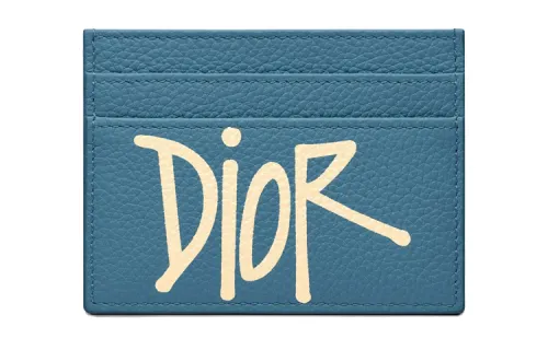 DIOR Cow Leather Card Holder Unisex Blue