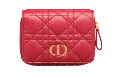 DIOR Caro Soft Calfskin Zippers Wallet Card Holder Women's Raspberry Red