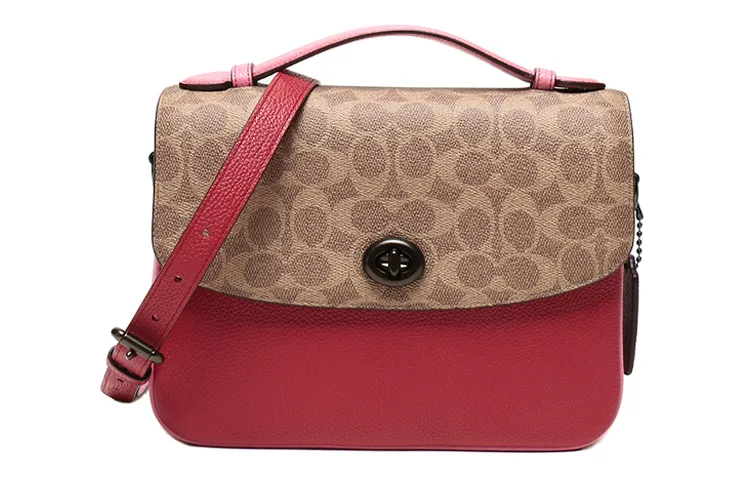 COACH Cassie Canvas With Leather Messenger Bag, Shoulder Bag, Crossbody Bag Handbags Medium Women's Brown Yellow/Red