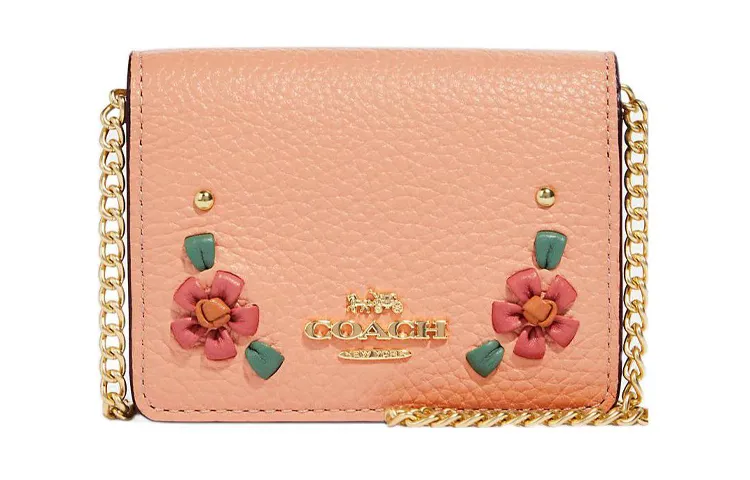 COACH Leather One Shoulder Crossbody Chain Clutch Wallet Mini Women's Pink