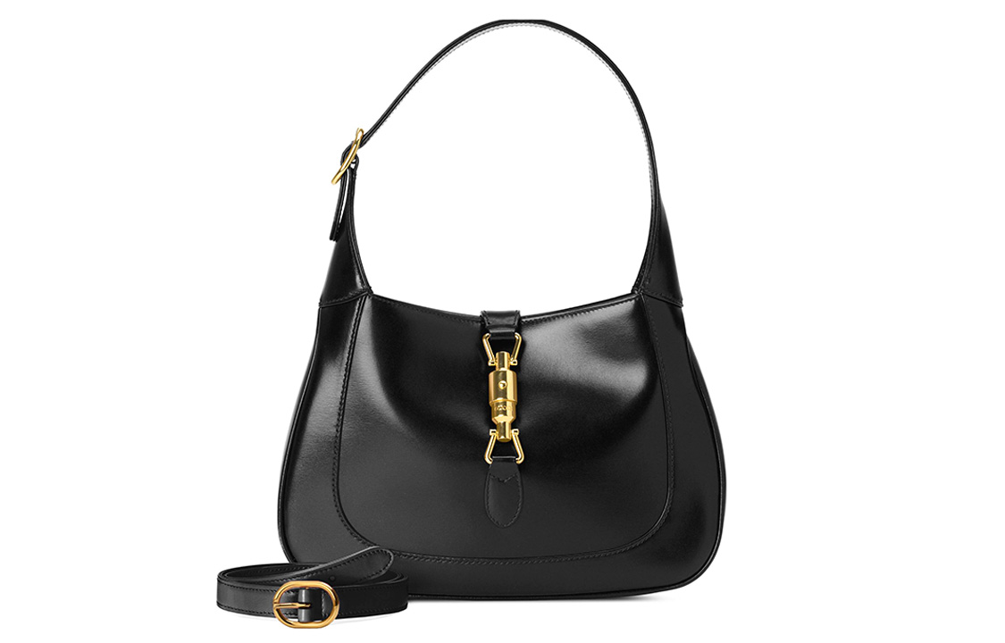 GUCCI Gucci Jackie 1961 Gold Lock Detachable Extended Shoulder Strap Leather Half Moon Underarm Bag Shoulder Bag Small Women Black