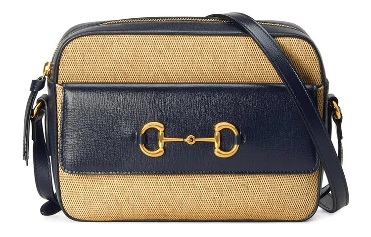 GUCCI Horsebit 1955 Canvas With Leather Shoulder Bag, Crossbody Bag Small Women's Blue/Beige