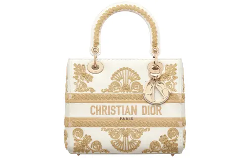 DIOR Lady Dior Leather Handbag Medium Women's Ivory, Gold